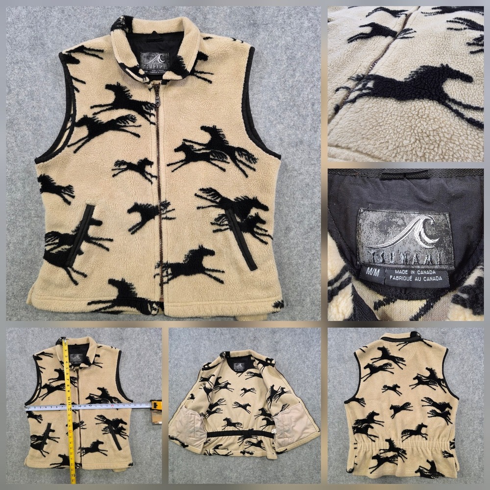 VTG Tsunami‎ Vest Womens Medium Beige Horse Print Fleece Full Zip Western Jacket